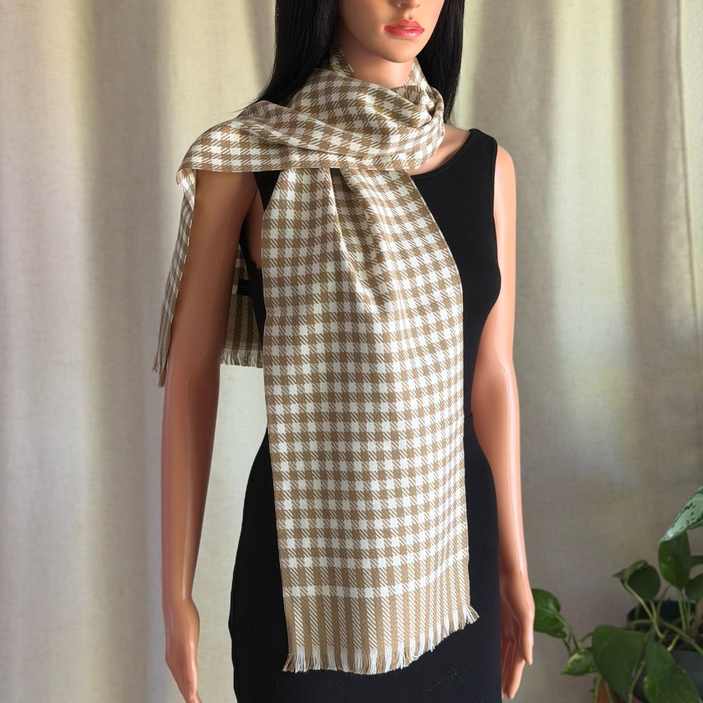 Vtg 90s Tan White Houndstooth Scarf Acrylic Fringed Dark Academia Heritage Fall